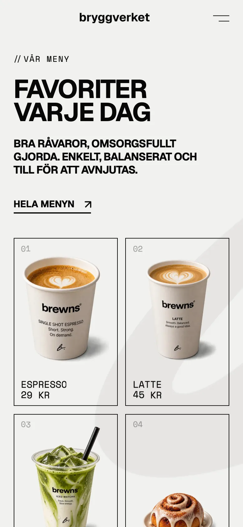 Menyn på exempelsidan Bryggverket i en mobil: espresso, latte, iskaffe och kanelbulle med priser
